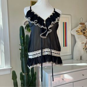 Y2K Romantic Ruffled Layered Camisole Top Black with Cream Lace